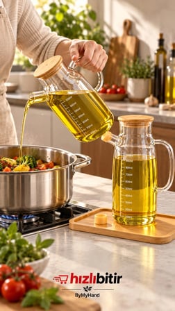ByMyHand Ahşap Vakumlu Kapaklı Ahşap Stantlı Borosiklat Cam Yağdanlık Sirke Sos ve Yağlık 1000 Ml 3'lü Set