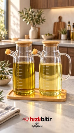 ByMyHand Ahşap Vakumlu Kapaklı Ahşap Stantlı Borosiklat Cam Yağdanlık Sirke Sos ve Yağlık 1000 Ml 3'lü Set