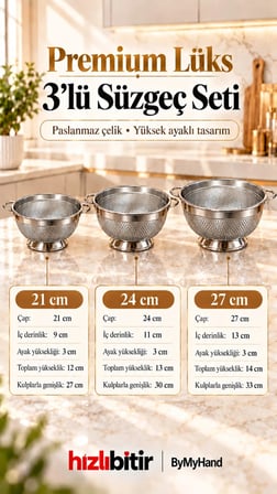 ByMyHand Paslanmaz Çelik Kulplu Çok Amaçlı Makarna Un Meyve Sebze Süzgeç 3'lü Set 27 24 21 Cm