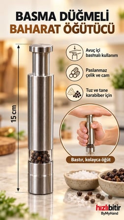 ByMyHand Paslanmaz Çelik Portatif Basma Düğmeli Baharat Öğütücü Baharatlık Tuzluk