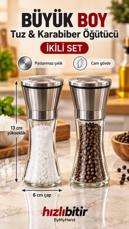 ByMyHand Paslanmaz Çelik Cam Gövdeli Tuz ve Karabiber Öğütücü Baharat Değirmeni 2'li Set (Büyük Boy)