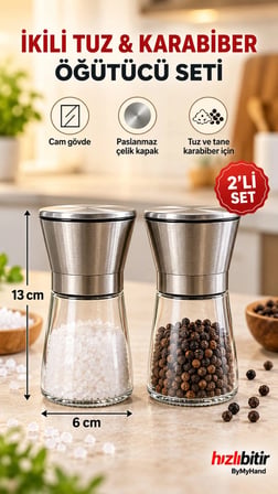 ByMyHand Paslanmaz Çelik Cam Gövdeli Tuz ve Karabiber Öğütücü Baharat Değirmeni 2'li Set (Orta Boy)