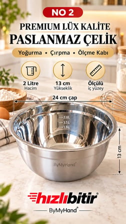 ByMyHand  Paslanmaz Çelik Ölçülü Karıştırma Kabı 24 x 13 Cm Çırpma Yoğurma Hamur Salata Pişirme Kasesi 2 Lt.