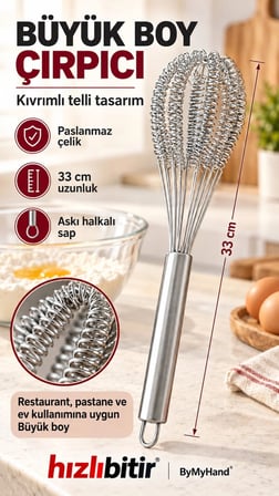 ByMyHand Paslanmaz Çelik Spidos Sipiralli Tel Uçlu Yumurta Krema Çırpıcı 33 Cm (Büyük Boy)