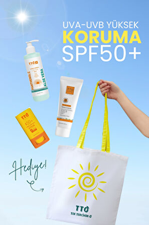 TTO 3’lü Hediyeli Güneş Bakım Seti – SPF 50 Güneş Kremi + Stick + Güneş Sonrası Losyon