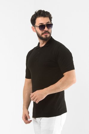 Polo Yaka Regular Siyah Pamuklu T-shirt