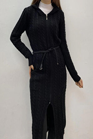 BAYAN UZUN KAPŞONLU SAÇ ÖRGÜ CEKET