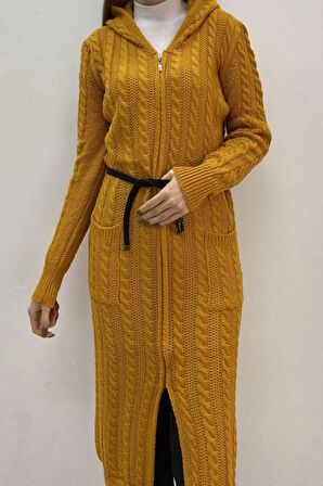 BAYAN UZUN KAPŞONLU SAÇ ÖRGÜ CEKET