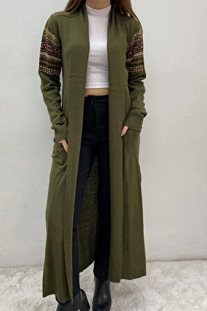 BAYAN UZUN KİLİM DESEN SAÇ ÖRGÜ CEKET