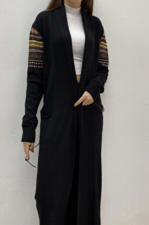 BAYAN UZUN KİLİM DESEN SAÇ ÖRGÜ CEKET