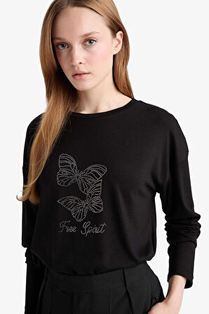 Relax Fit Bisiklet Yaka Uzun Kollu Tişört