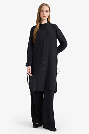 DeFacto Regular Fit Basic Düz Yanları Bağcıklı Uzun Kollu Tesettür Gömlek Tunik F2182AX25SMBK81