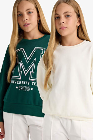 Kız Çocuk Okula Dönüş Relax Fit Bisiklet Yaka Slogan Baskılı 2'li Sweatshirt