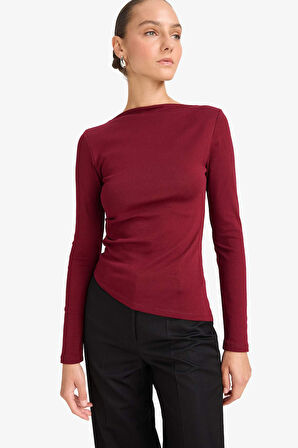 Slim Fit Dar Kesim Kayık Yaka Ribana Uzun Kollu Tişört