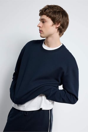 DeFacto Boxy Fit Bisiklet Yaka Basic Düz Pike Sweatshirt E1519AX26SPNV64