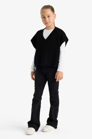 DeFacto Oversize Geniş Kalıp V Yaka Triko Süveter Kız Çocuk F2625A825AUBK27