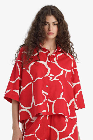 Oversize Geniş Kalıp Desenli Yarım Kollu Gömlek