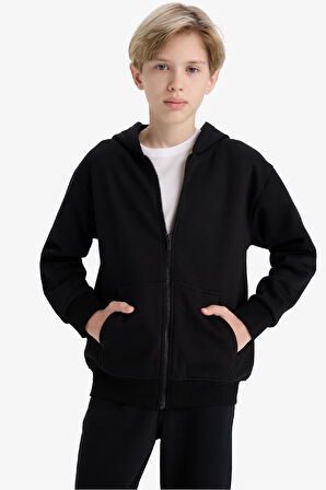 	Erkek Çocuk Kapüşonlu Basic Düz Okul Fermuarlı Sweatshirt