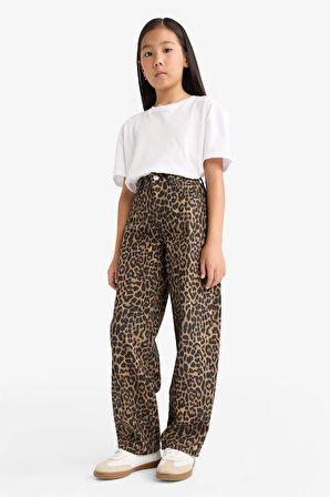 Kız Çocuk Barrel Fit Leopar Desenli Pantolon
