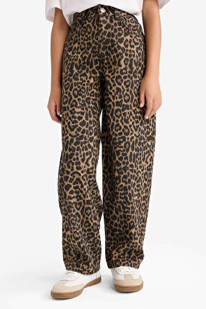 Kız Çocuk Barrel Fit Leopar Desenli Pantolon