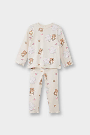 Kız Bebek Pijama Takımı Ayı Baskılı Uzun Kollu Fitilli Kaşkorse Üst Uzun Alt