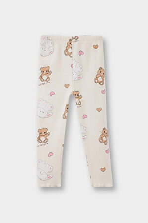 Kız Bebek Pijama Takımı Ayı Baskılı Uzun Kollu Fitilli Kaşkorse Üst Uzun Alt