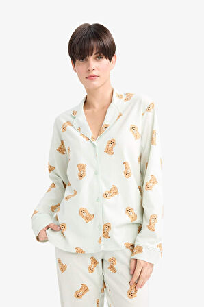 Pijama Takımı Regular Fit Köpek Desenli Uzun Kollu Üst Uzun Alt-Fall in Love 