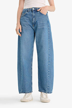 Barrel Fit Yüksek Bel Bilek Boy Jean Yıkamalı Pantolon