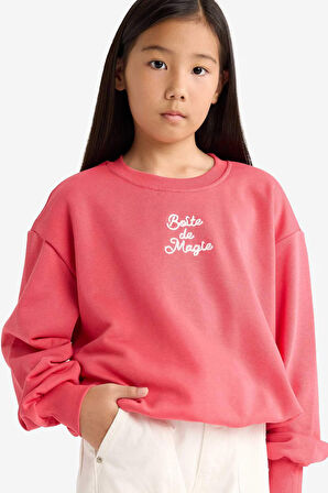 Kız Çocuk Oversize Geniş Kalıp Bisiklet Yaka Baskılı Sweatshirt