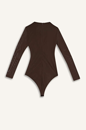 Slim Fit Dar Kesim Tül Uzun Kollu Tişört