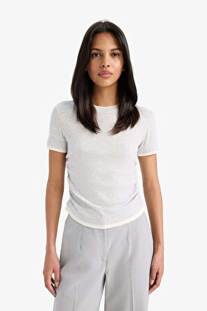 DeFacto Slim Fit Dar Kesim Bisiklet Yaka Bsic Düz Ribana Kısa Kollu Tişört F3504AX25SMGR93