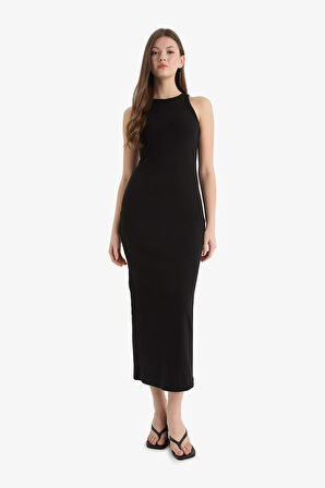 Bodycon Vücudu Saran Halter Yaka Fitilli Kaşkorse Kolsuz Maxi Siyah Elbise