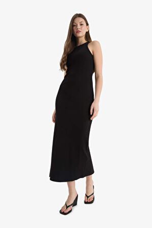 Bodycon Vücudu Saran Halter Yaka Fitilli Kaşkorse Kolsuz Maxi Siyah Elbise