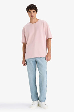 Oversize Geniş Kalıp Ütü Gerektirmeyen Bisiklet Yaka Kısa Kollu Basic Düz Ağır Kumaş Tişört