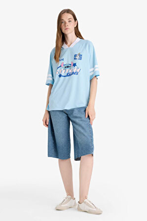 Coool Disney Lilo & Stitch Oversize Geniş Kalıp V Yaka Baskılı Kısa Kollu Tişört