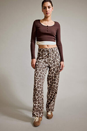Baggy Fit Leopar Desenli Jean Pantolon
