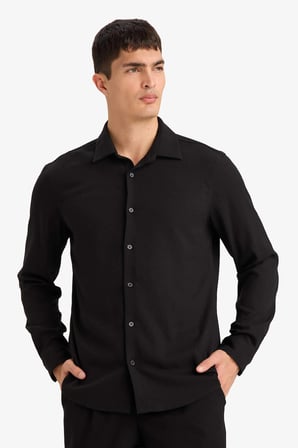 Defacto F9886AXBK27 Siyah Modern Fıt Polo Yaka Uzun Kollu Gömlek