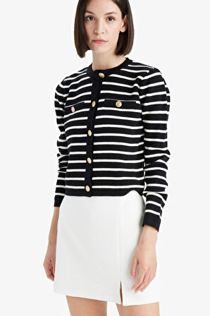 Regular Fit Bisiklet Yaka Çizgili Hırka