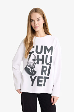 Coool 29 Ekim Cumhuriyet Bayramı Oversize Geniş Kalıp Bisiklet Yaka Atatürk Baskılı Kalın Uzun Kollu Tişört