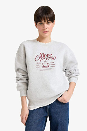 Relax Fit Bisiklet Yaka Baskılı Kalın Sweatshirt