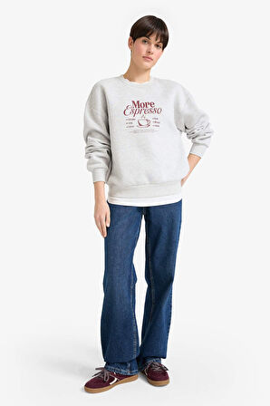 Relax Fit Bisiklet Yaka Baskılı Kalın Sweatshirt