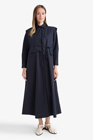 Hakim Yaka Poplin Uzun Kollu Maxi Elbise