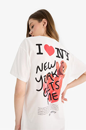 Coool I Love NY Oversize Geniş Kalıp Bisiklet Yaka Sırt Baskılı Kısa Kollu Tişört