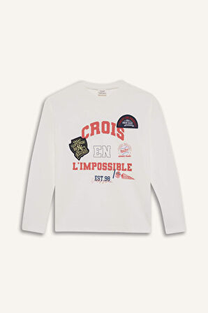 Kız Çocuk Okula Dönüş Oversize Geniş Kalıp Bisiklet Yaka Slogan Baskılı Uzun Kollu Tişört