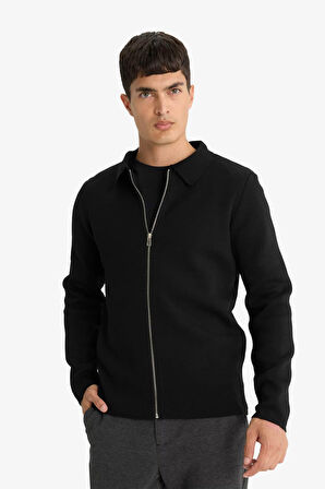 Standart Fit Polo Yaka Fermuarlı Triko Hırka