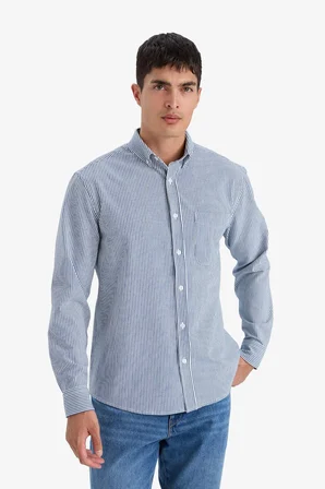 DeFacto Regular Fit Polo Yaka Çizgili Krinkıl Uzun Kollu Gömlek G5333AX25WNBE418