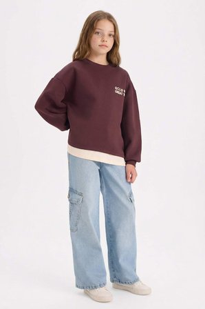 DeFacto Overshirt Fit Sırt Baskılı İçi Yumuşak Tüylü Sweatshirt Kız Çocuk G6263A825WNBN277