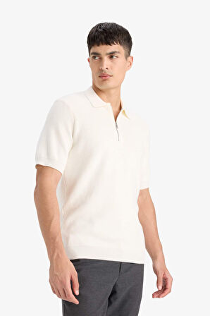 %100 Pamuk Standart Fit Yarım Fermuarlı Kısa Kollu Triko Polo Tişört