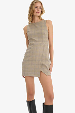 Bisiklet Yaka Kareli Kolsuz Mini Elbise