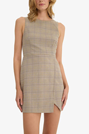 Bisiklet Yaka Kareli Kolsuz Mini Elbise